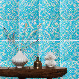 Turquoise and White Bohemian Ornate Damask Pattern Ceramic Tile