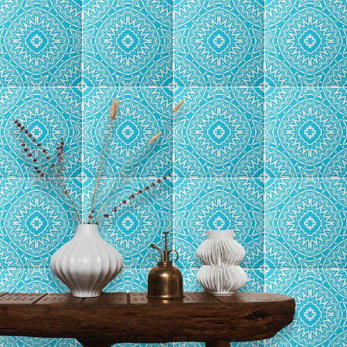 Turquoise and White Bohemian Ornate Damask Pattern Ceramic Tile