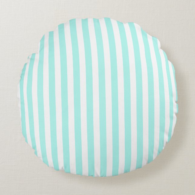 Turquoise and white candy stripes round pillow (Front)