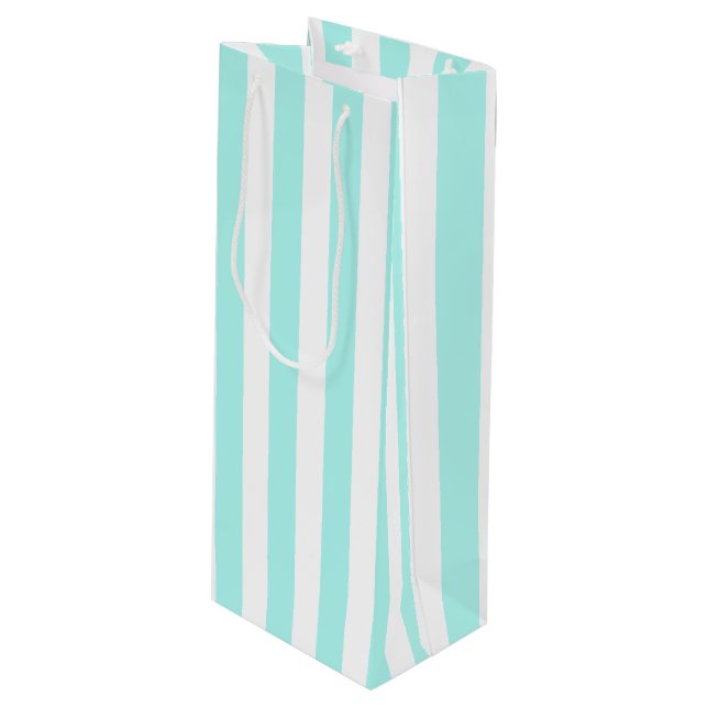 Turquoise and white candy stripes wine gift bag (Front Angled)