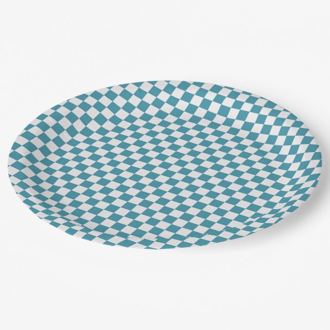 Turquoise and White Checkered Paper Plates (Angled)