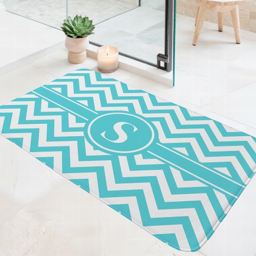 Turquoise And White Chevron Monogram Bath Mat