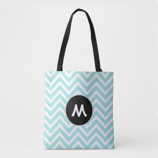 Turquoise and White Chevron Monogram Tote Bag (Front)