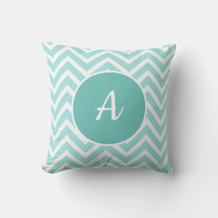 Turquoise and white chevron pattern with monogram throw pillow