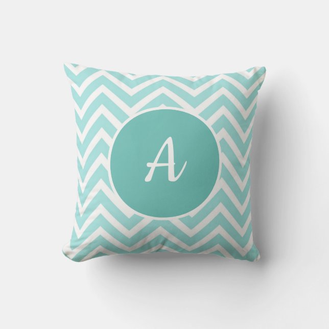 Turquoise and white chevron pattern with monogram throw pillow (Front)