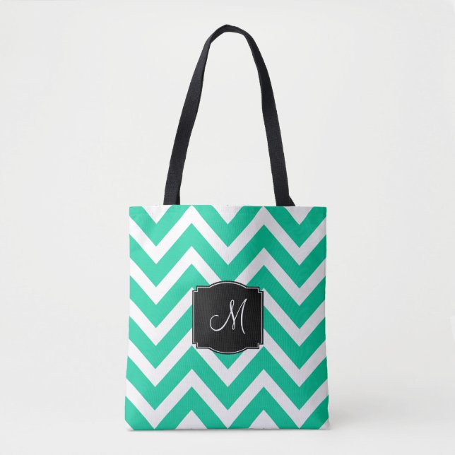 Turquoise and White Chevron Stripes with Monogram Tote Bag (Front)