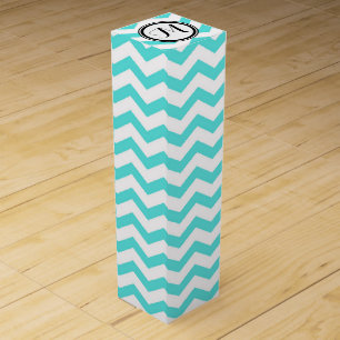 Turquoise and White Chevron Zigzag With Monogram Wine Gift Box