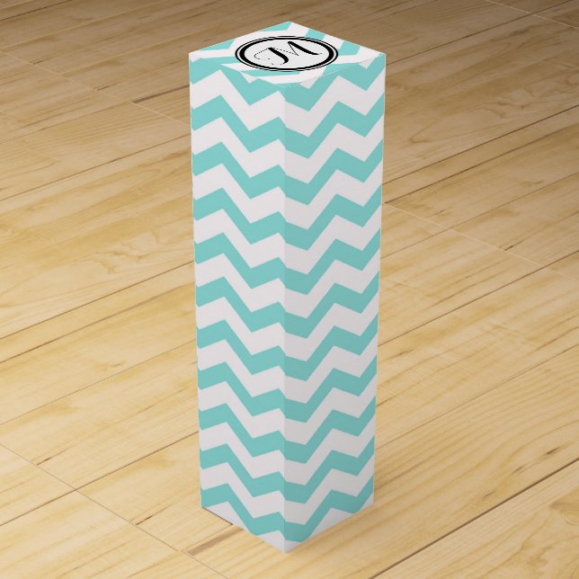 Turquoise and White Chevron Zigzag With Monogram Wine Gift Box (Front)