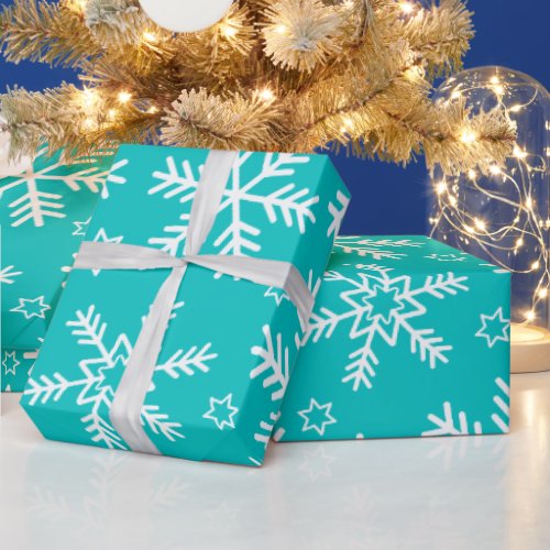 Turquoise and White Christmas Snowflakes Wrapping Paper