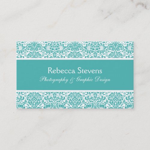 Turquoise and White Damask Business Card