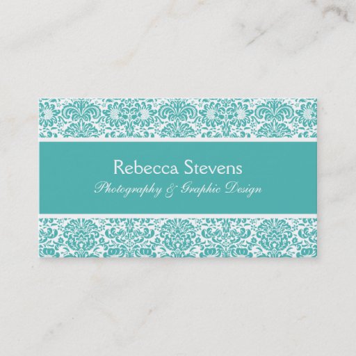 Customizable Turquoise and White Damask Business Card