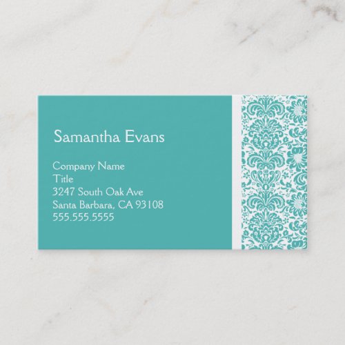 Turquoise and White Damask Business Card