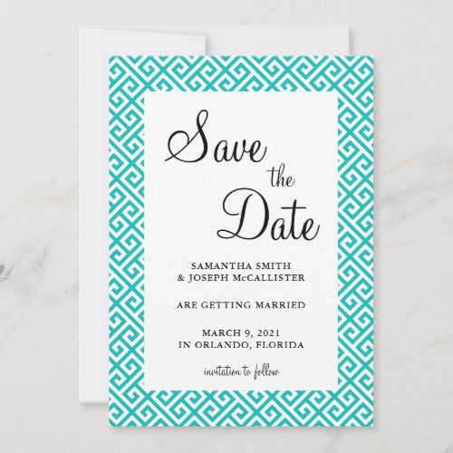 Turquoise and White Diagonal Greek Key Pattern Save The Date