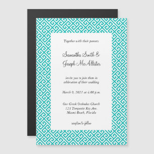 Turquoise and White Diagonal Greek Key Wedding Magnetic Invitation
