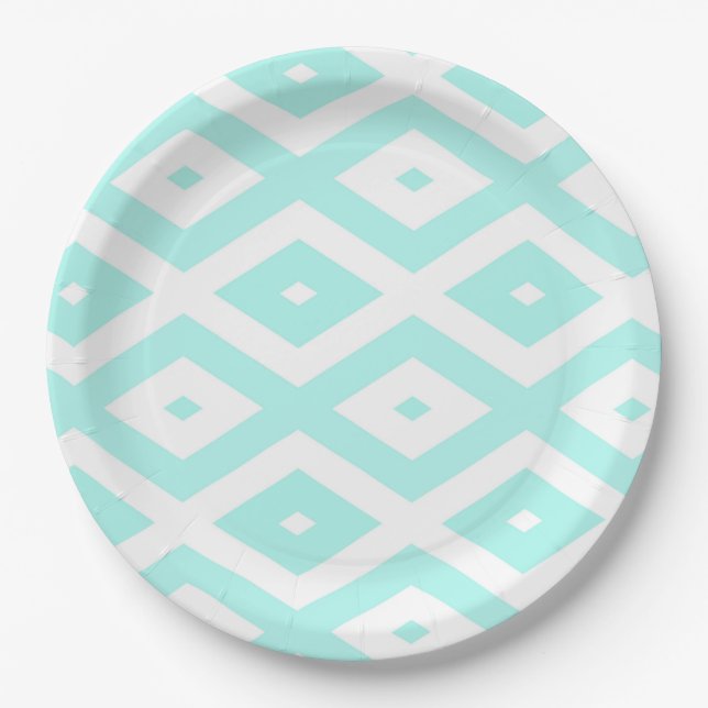 Turquoise and white diamond pattern paper plates (Front)