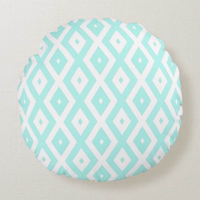 Turquoise and white diamond pattern round pillow (Front)