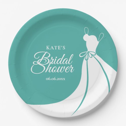 Turquoise and White Elegant Gown Bridal Shower Paper Plates