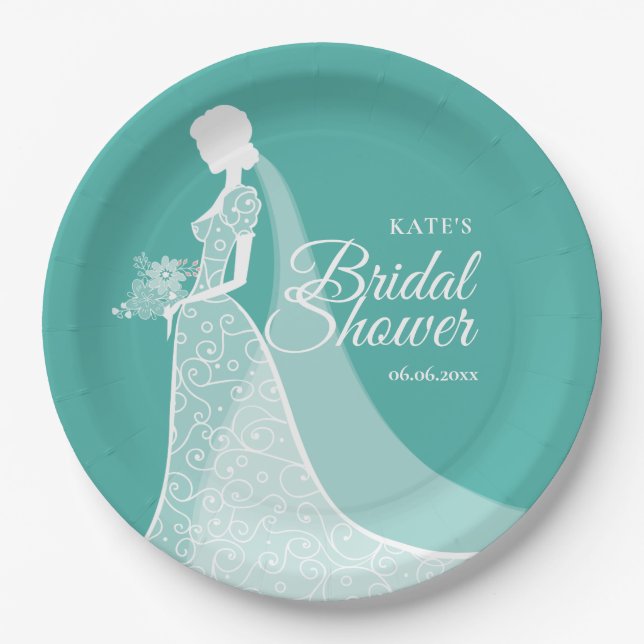 Turquoise and White Elegant Lace Gown Bridal Paper Plates (Front)