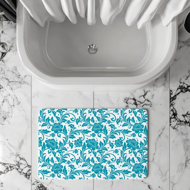 Turquoise and White Floral Damask Pattern Bath Mat (Creator Uploaded)