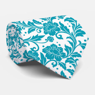 Turquoise and White Floral Damask Pattern Neck Tie