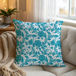 Turquoise and White Floral Damask Pattern Throw Pillow