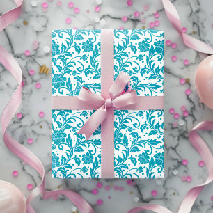 Turquoise and White Floral Damask Pattern Wrapping Paper