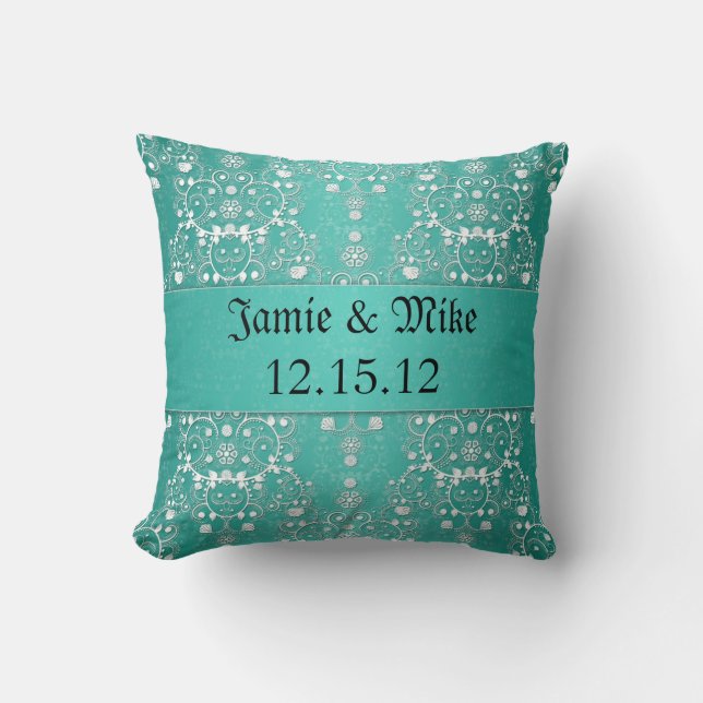 Turquoise and White Floral Damask Throw Pillow (Front)
