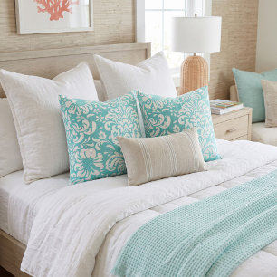 Turquoise and White Floral Damask Throw Pillow
