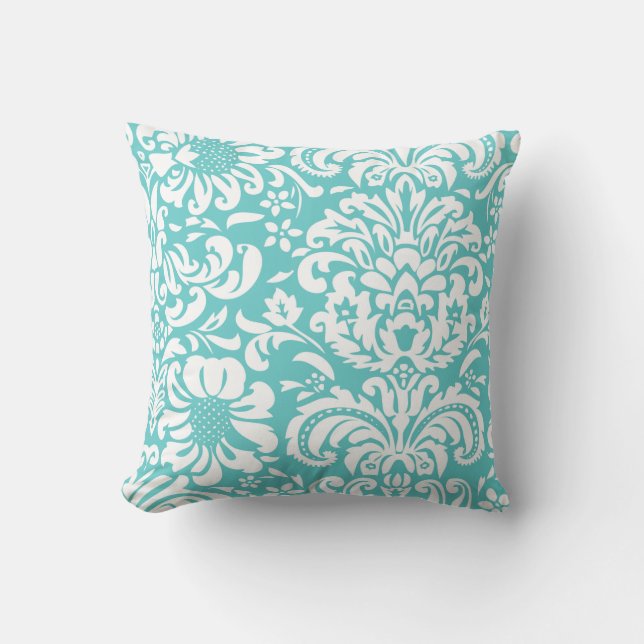 Turquoise and White Floral Damask Throw Pillow (Front)