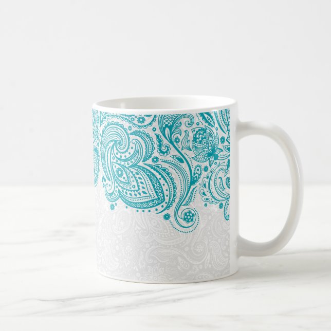 Turquoise And White Floral Paisley Lace Coffee Mug (Right)