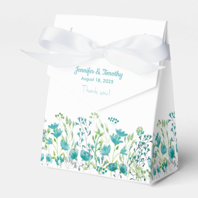 Turquoise And White Floral Personalized Wedding   Favor Boxes (Front Side)
