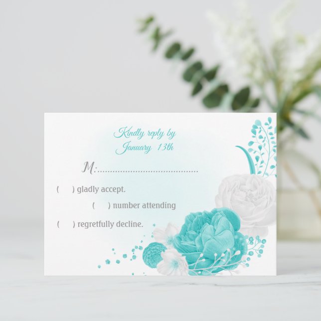 turquoise and white flowers botanical  RSVP card (Standing Front)