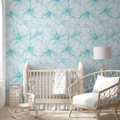 Turquoise and White Flowers Pattern Wallpaper
