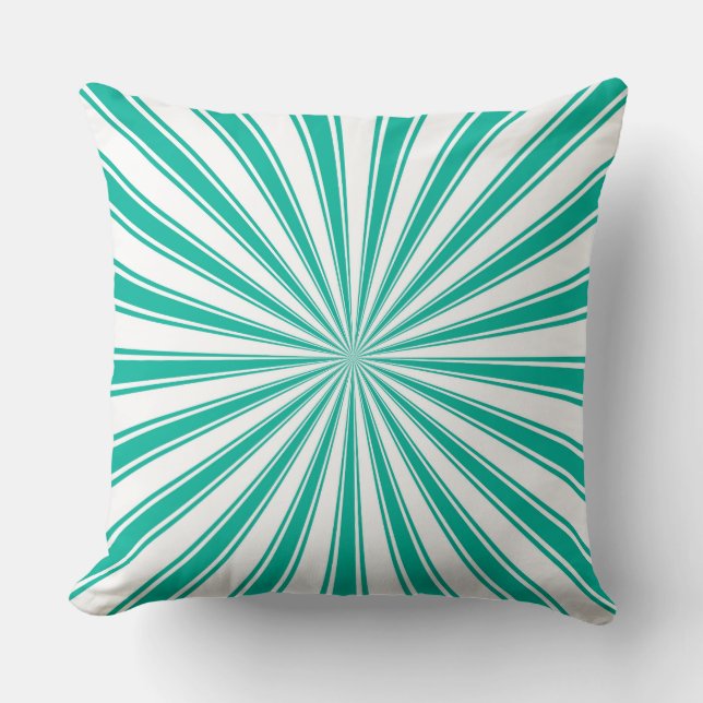 Turquoise and White Funky Sun Rays Retro Stripes Throw Pillow (Front)