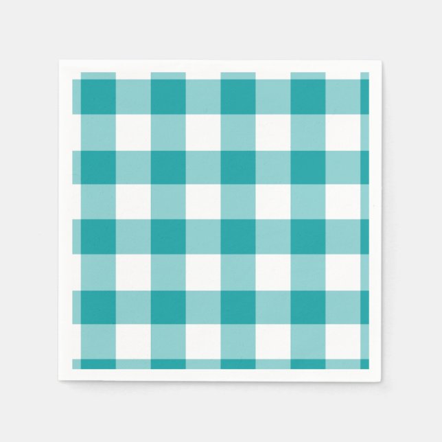 Turquoise and White Gingham Pattern Paper Napkins (Front)