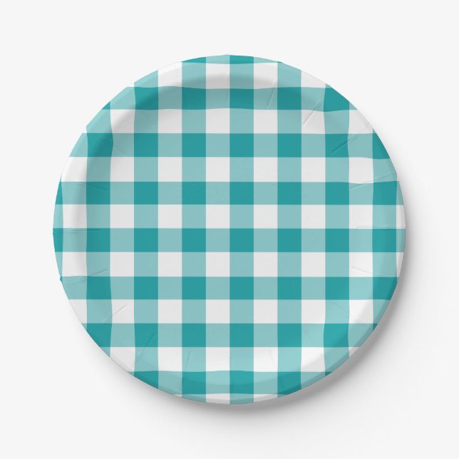 Turquoise and White Gingham Pattern Paper Plates (Front)