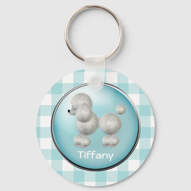 Turquoise and White Gingham & Poodle Key Chain (Front)