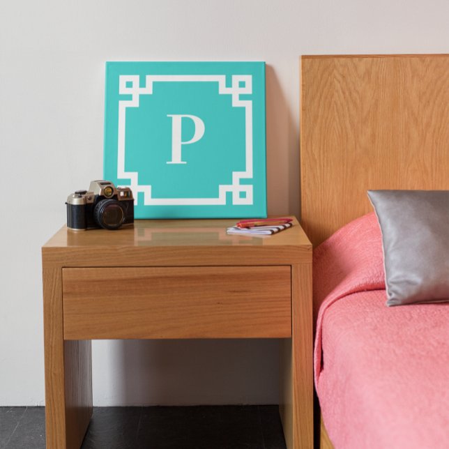 Turquoise and White Greek Key Border Monogram Canvas Print (Creator Uploaded)