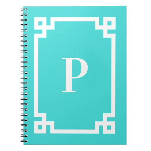 Turquoise and White Greek Key Border Monogram Notebook