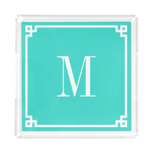Turquoise and White Greek Key Border Monogrammed Acrylic Tray