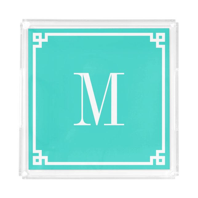 Turquoise and White Greek Key Border Monogrammed Acrylic Tray (Front)