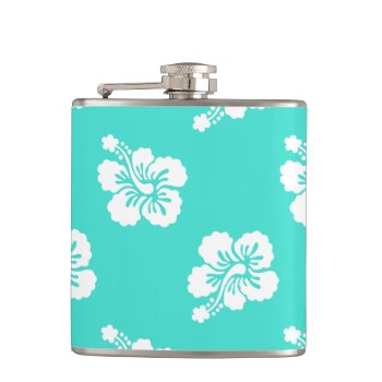 Turquoise And White Hibiscus Hawaiian Pattern Hip Flask by designs4you at Zazzle