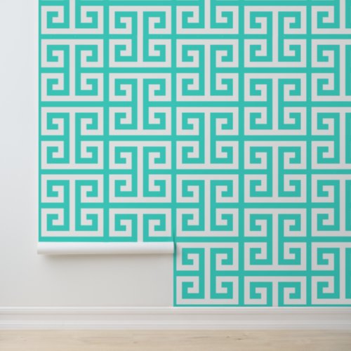 Turquoise and White Large Greek Key Wallpaper