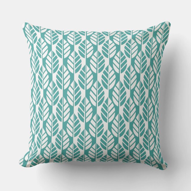 Turquoise and White Leaves Pattern Throw Pillow (Front)