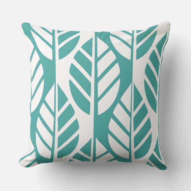 Turquoise and White Leaves Pattern Throw Pillow (Front)