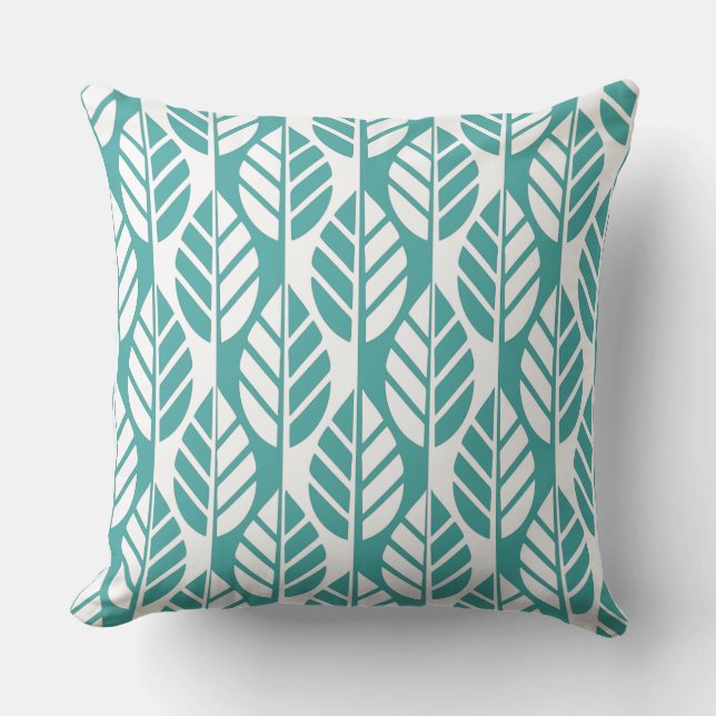 Turquoise and White Leaves Pattern Throw Pillow (Front)