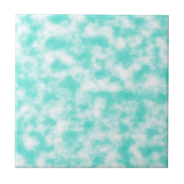 Turquoise and White Marbled Mottled Swirls Clouds Ceramic Tile (Front)
