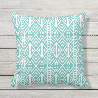Turquoise and White Modern Aztec Pattern Outdoor Pillow