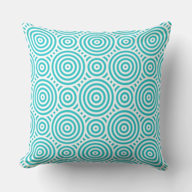 Turquoise and White Nested Circular Pattern Throw Pillow (Front)