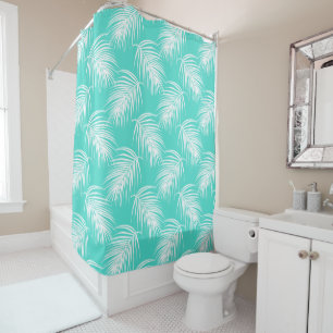 Turquoise and White Palm Tropical Shower Curtain